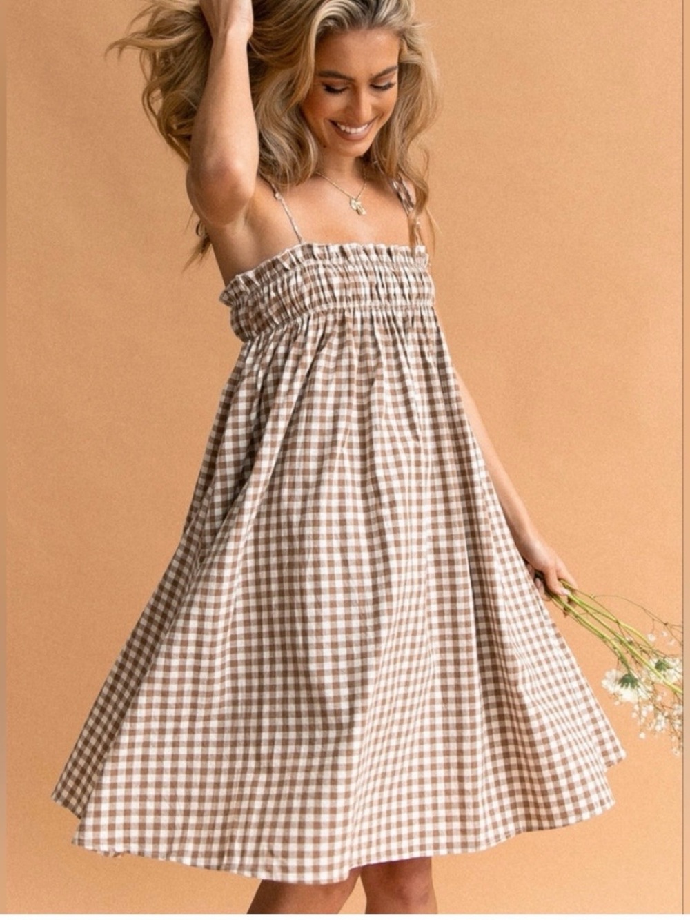 Petal & Pup Beige Gingham Smocked Sundress- Burke Dress